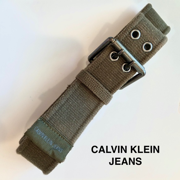 🎉HP🎉 CALVIN KLEIN JEANS Military Tactical Belt Pewter Double Buckle Green NEW! - Picture 1 of 14